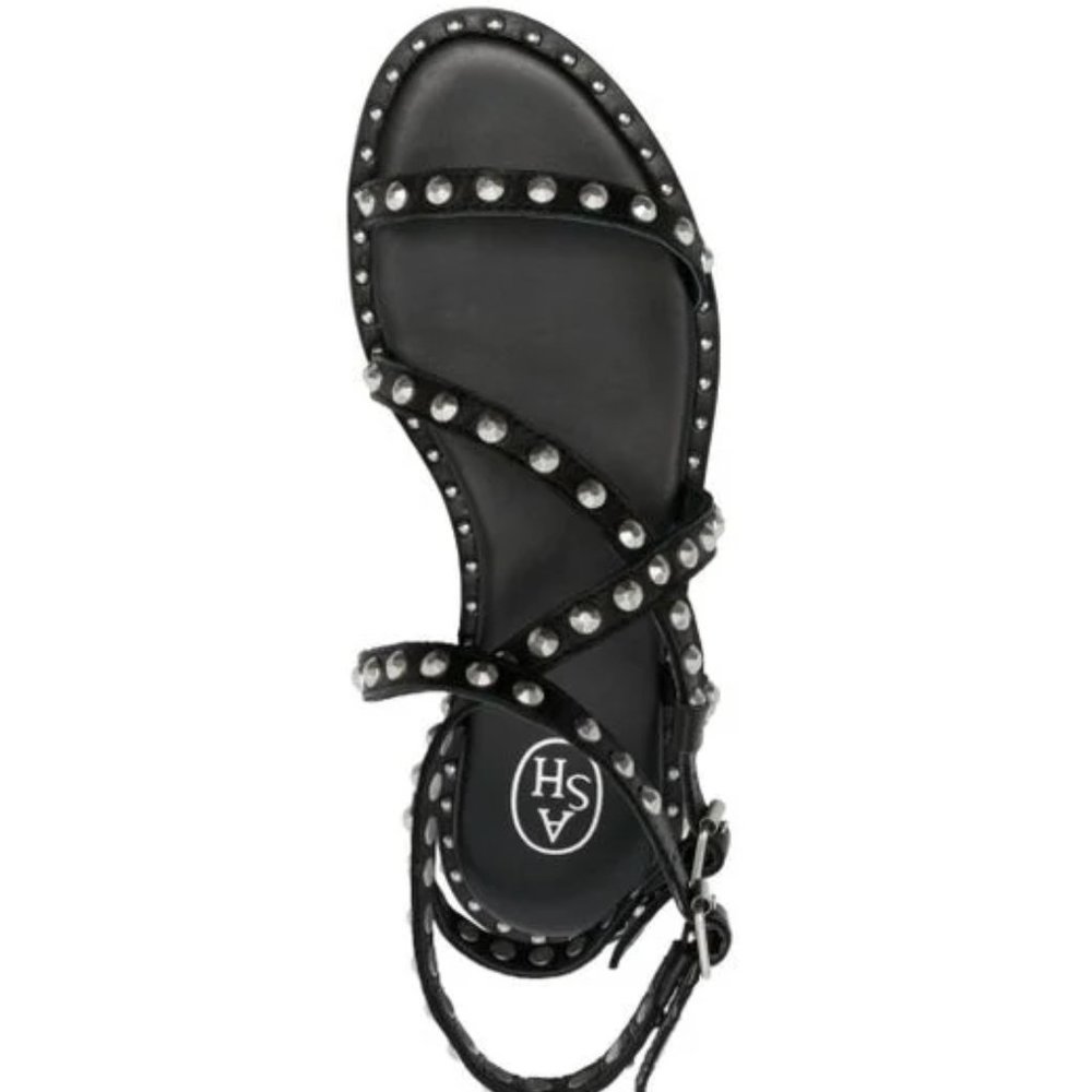 ASH Petra Silver Studded Sandals in Black Leather Size 7 EU 38 Brand New NIB NWT